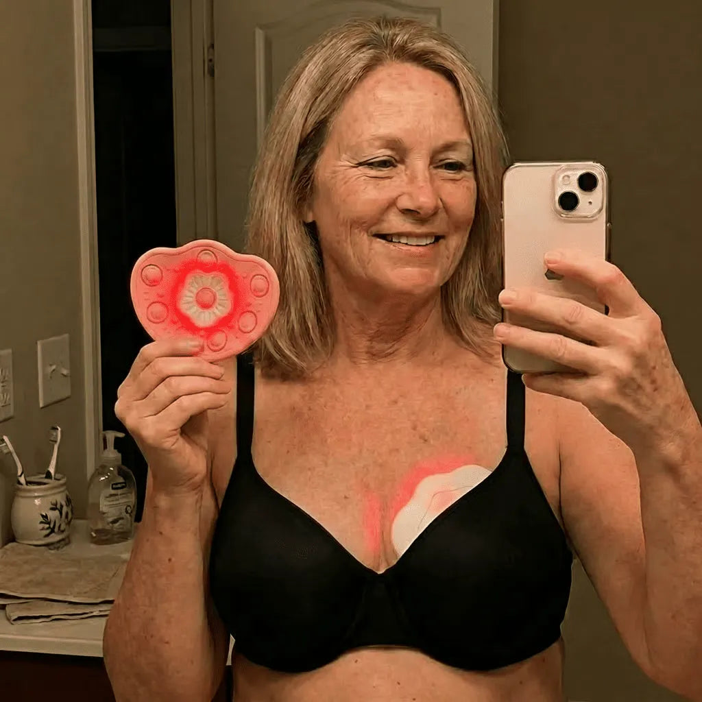 Woman in bathrobe using Luvi light therapy device at home