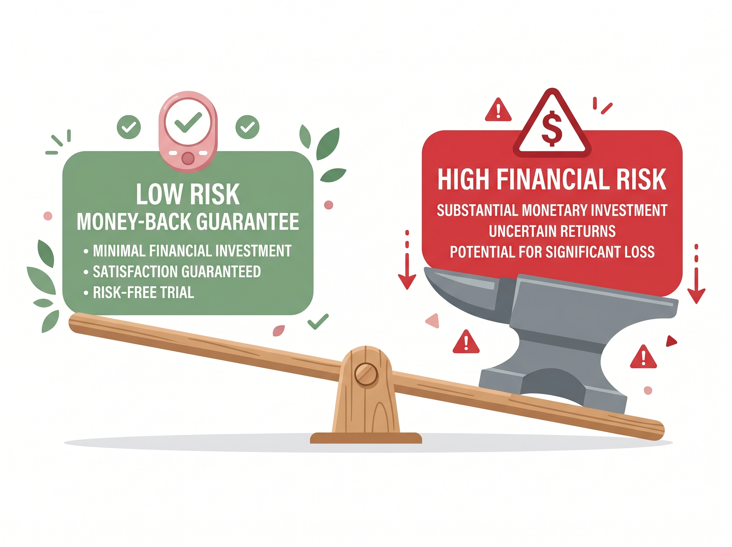 Seesaw balance infographic: low risk (Luvi) vs high financial risk (surgery)